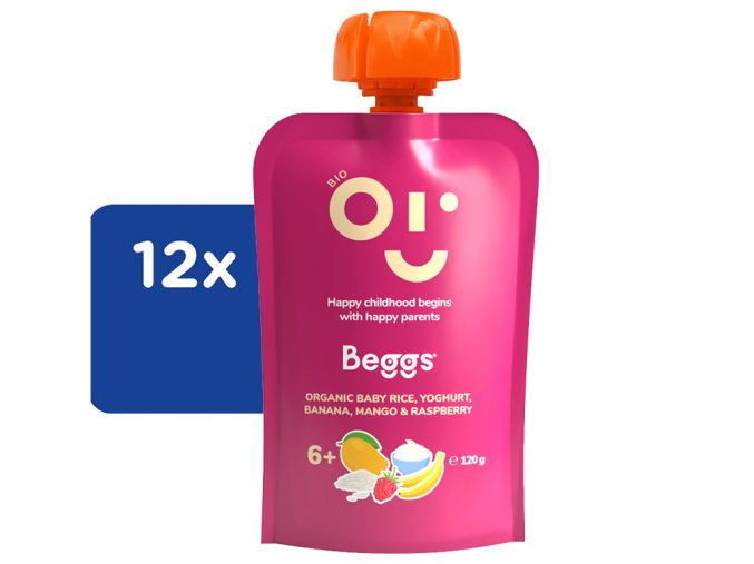 Beggs BIO Dětská rýže s jogurtem, banánem, mangem a malinami 12 x 120 g