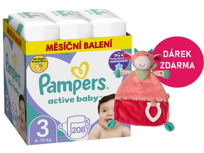 Pampers Active Baby vel. 3 208 ks (6 10 kg) + kráva