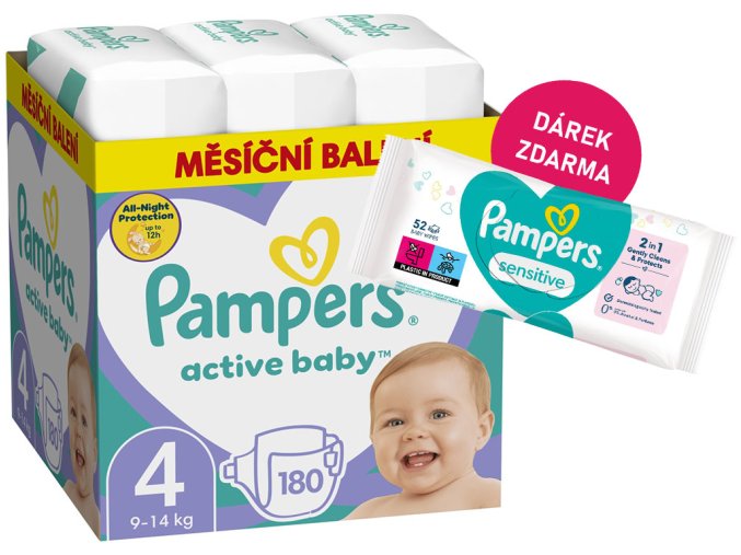 Pampers Active Baby vel. 4 180 ks (9 14 kg) + ubrousky