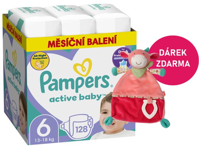 Pampers Active Baby vel. 6 128 ks (13 18 kg) + kráva