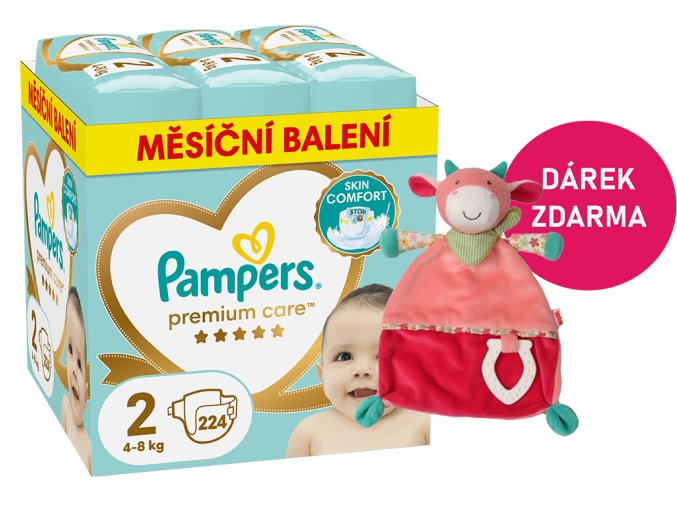 Pampers Premium Care 2 mini 224 ks (4 8 kg) + kráva