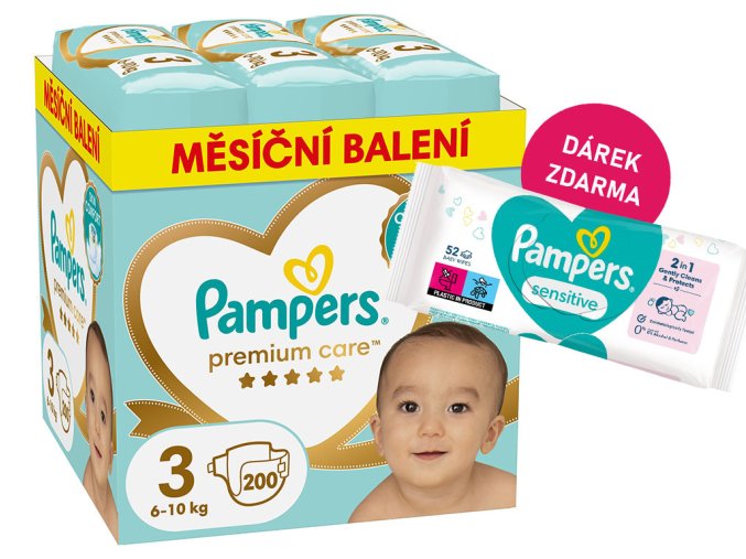 Pampers Premium Care 3 midi 200 ks (6 10 kg) + ubrousky