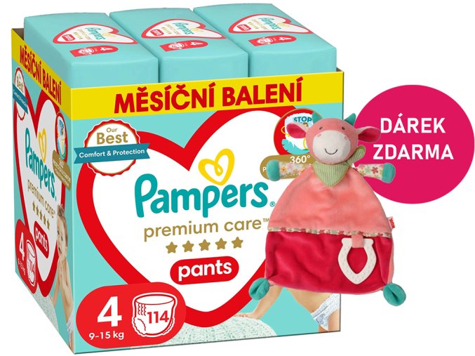 Pampers Premium Care pants 4 maxi (9 15 kg) + kráva