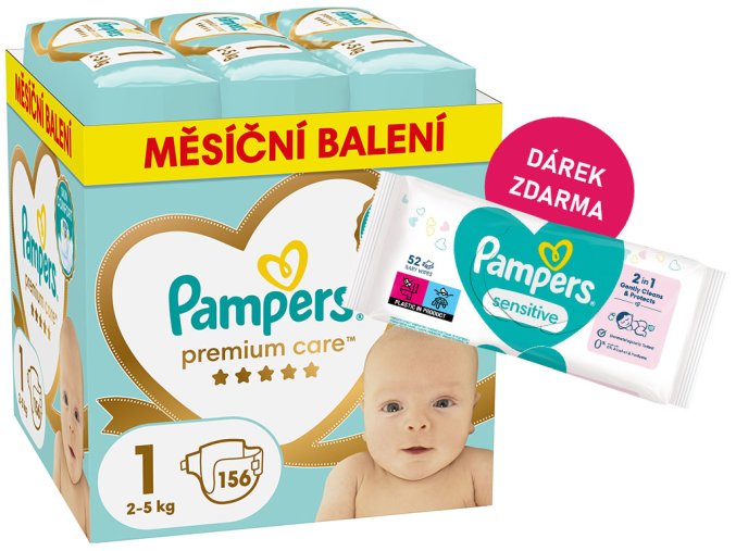 Pampers Premium Care 1 newborn 156 ks (2 5 kg) + ubrousek