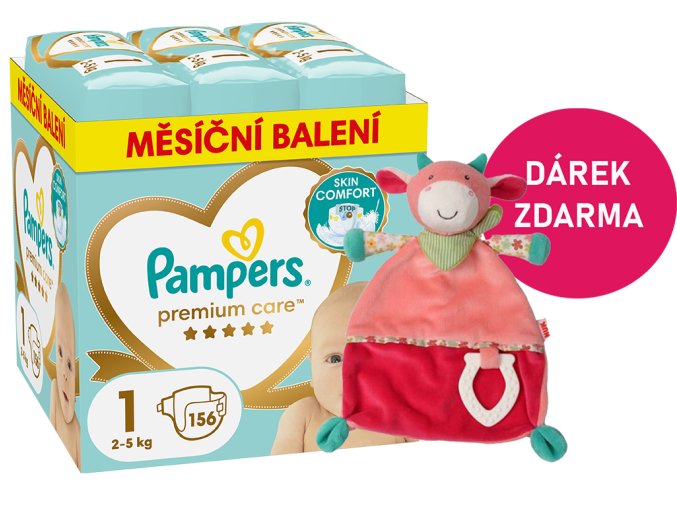 Pampers Premium Care 1 newborn 156 ks (2 5 kg) + kráva