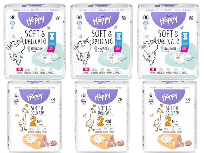 Bella Happy Soft & Delicate BigPack vel. 1 (2 5kg) 246 ks (3x82 ks) + Bella Happy Soft & Delicate BigPack vel. 2 (3 6 kg) 234 ks (3x78 ks) (2)