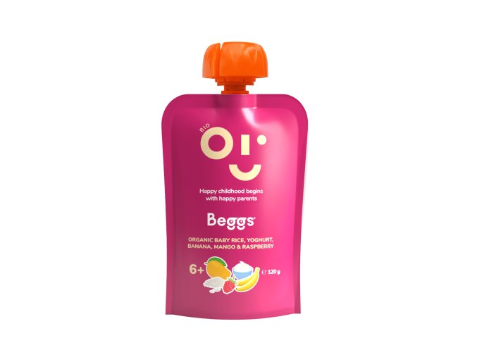 Beggs BIO Dětská rýže s jogurtem, banánem, mangem a malinami 120 g