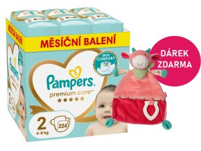 Pampers Premium Care 2 mini 224 ks (4 8 kg) + kráva