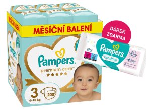 Pampers Premium Care 3 midi 200 ks (6 10 kg) + ubrousky