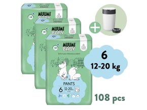 Muumi Baby EKO Pants vel. 6 - 108 ks (12-20 kg)  + Tommee Tippee Sangenic Twist & Clik Koš na pleny bílý + 1 kazeta