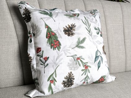 Povlak na polštář VÁNOČNÍ JMELÍ ČERVENÉ BOBULKY 40 cm x 40 cm s odšitím