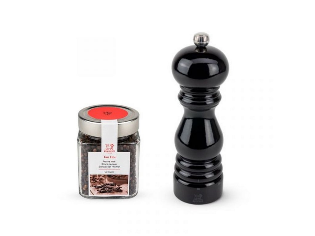 Darčekový set Paris U-Select mlynček na korenie 18 cm čierny lak + Tan Hoi  korenie 70 g Peugeot - Chefshop.sk
