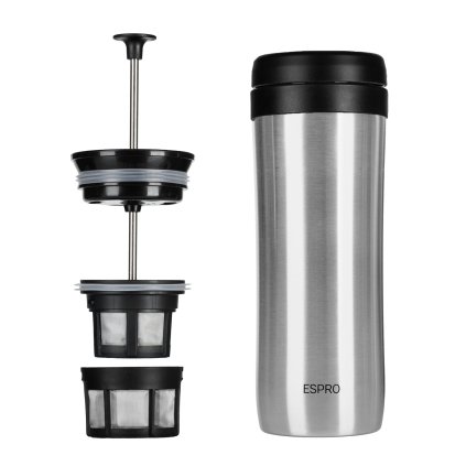 French press kávovar TRAVEL PRESS P1 350 ml, strieborná, brúsená nerezová oceľ, Espro