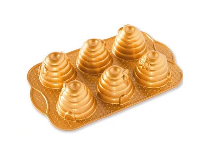 Forma v tvare včelieho plástu BEEHIVE, na 6 minikoláčikov, zlatá Nordic Ware