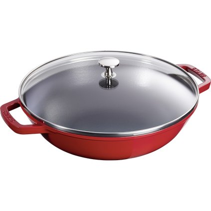 Wok 30 cm, so skleneným krytom, čerešňa, liatina, Staub