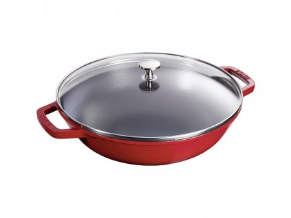 Wok 30 cm, so skleneným krytom, čerešňa, liatina, Staub