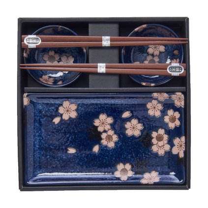 Súprava na sushi s jedálenskými paličkami NAVY WITH PINK SAKURA, 4 ks, MIJ