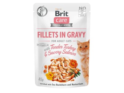 brit care cat fillets in gravy with tender turkey savory salmon 85g