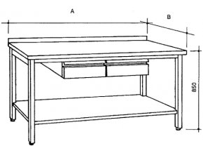 Nerezový stůl s policí a 2 zásuvkami