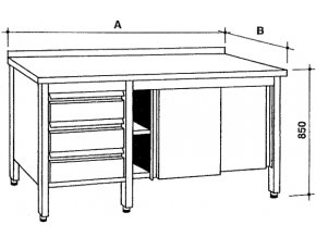 Nerezový skříňový stůl se zásuvkami a posuvnými dvířky