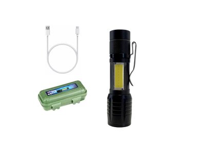 Výkonná kovová LED svítilna 2v1 s bočním světlem COB, USB dobíjecí