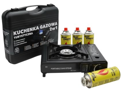 Přenosný plynový vařič s kufříkem + 4× plynová kartuše