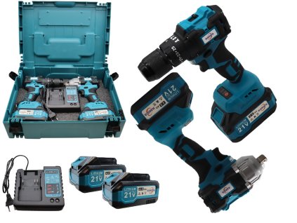 Aku bezkartáčová sada NAKIDA 21V 2v1 – vrtačka + rázový utahovák, 2× baterie, kufr