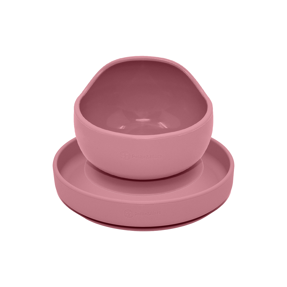 PETITE&MARS Set jedálenský silikónový TAKE&MATCH 2 ks tanier + miska 6m+ Farba: Dusty pink