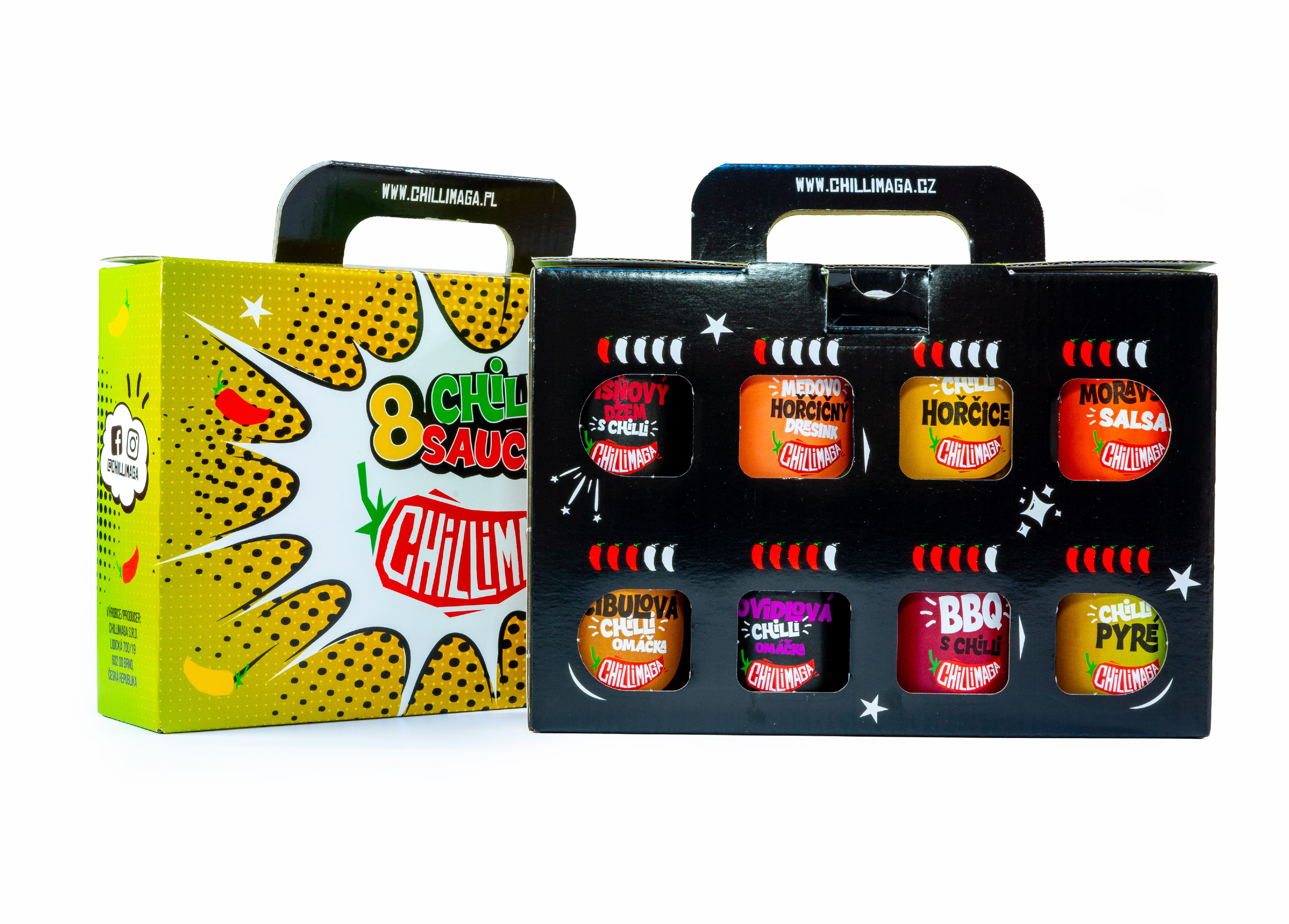 Dárkový set ChilliMaga s osmi chilli produkty v krabičce s uchem