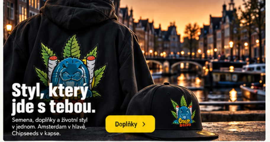 Původní návrh banneru Chipseeds s mikinou a kšiltovkou v Amsterdamu