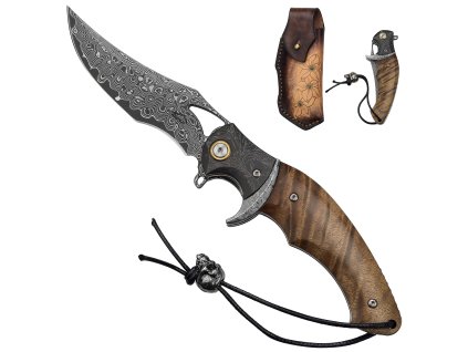 Zavírací nerezový damaškový nůž "HUNTER'S CREED" s pouzdrem