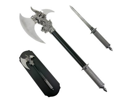Starověká sekera "DRAGON AXE" se skrytým nožem + erb