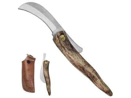 Zavírací nerezový nůž "MUSHROOM HOOK" s koženým pouzdrem