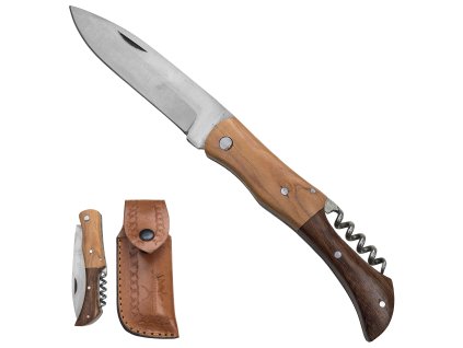 Zavírací nůž "WINE AND STEEL" s vývrtkou a koženým pouzdrem