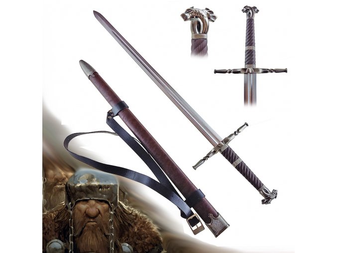 Funkční Zaklínačský/Witcher meč z damaškové oceli "STEEL OF MAHAKAM" s pevnou pochvou a popruhem!
