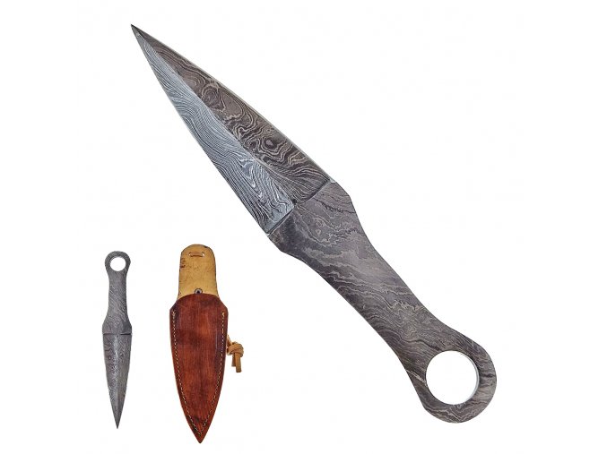 Damaškový krátký vrhací nůž "GENIN" s koženým pouzdrem