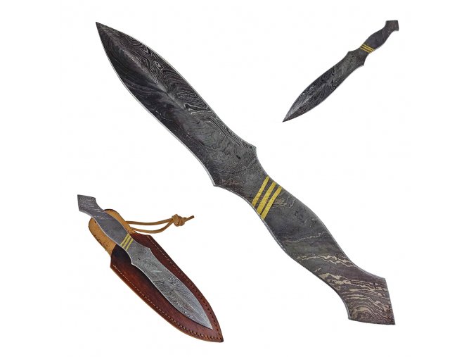Damaškový vrhací nůž "GOLDEN STRIPES" s koženým pouzdrem