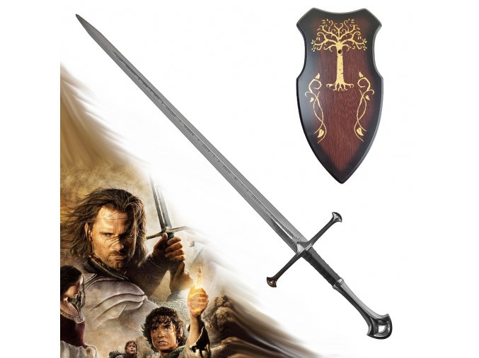 Aragornův meč "ANDURIL - SWORD OF KING" plamen západu - replika s plaketou - Pán prstenů