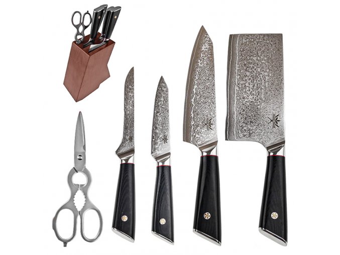 Sada 4 damaškových nožů + nůžky "KITCHEN QUEEN" s dřevěným stojanem