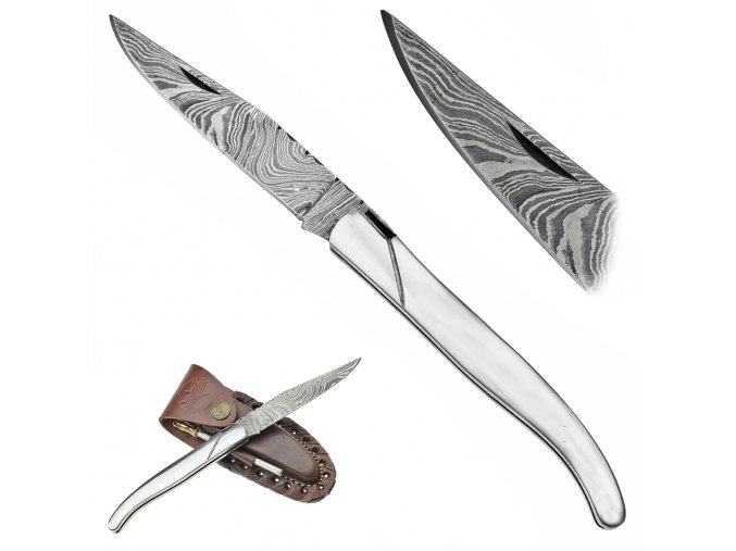 Tenký damaškový nůž "SILVER NEEDLE" s koženým pouzdrem