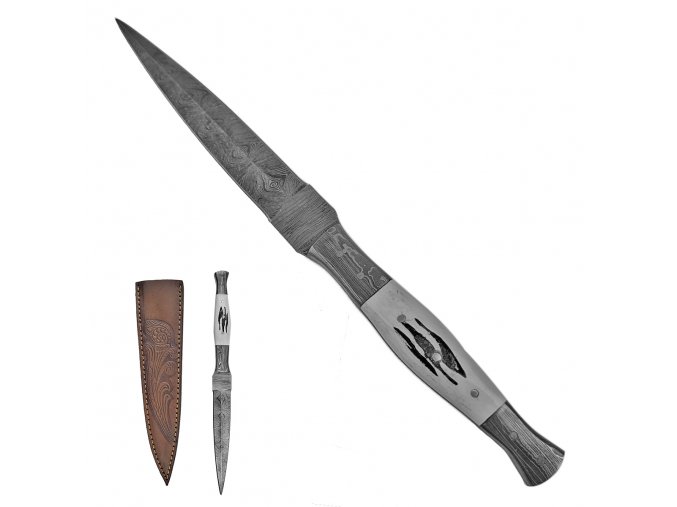 Tenký damaškový nůž "TOOTHPICK" s koženým pouzdrem
