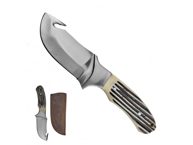 Masivní pevný nůž s hákem "HEAVY GUT" s koženým pouzdrem