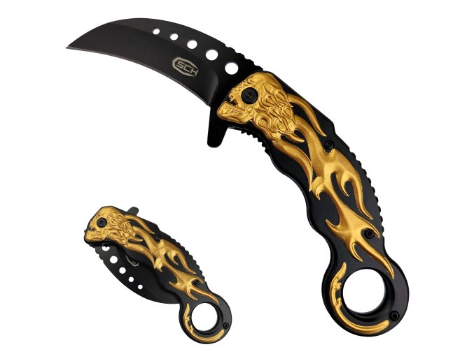 Poloautomatický karambit ''FLAMING SKULL''