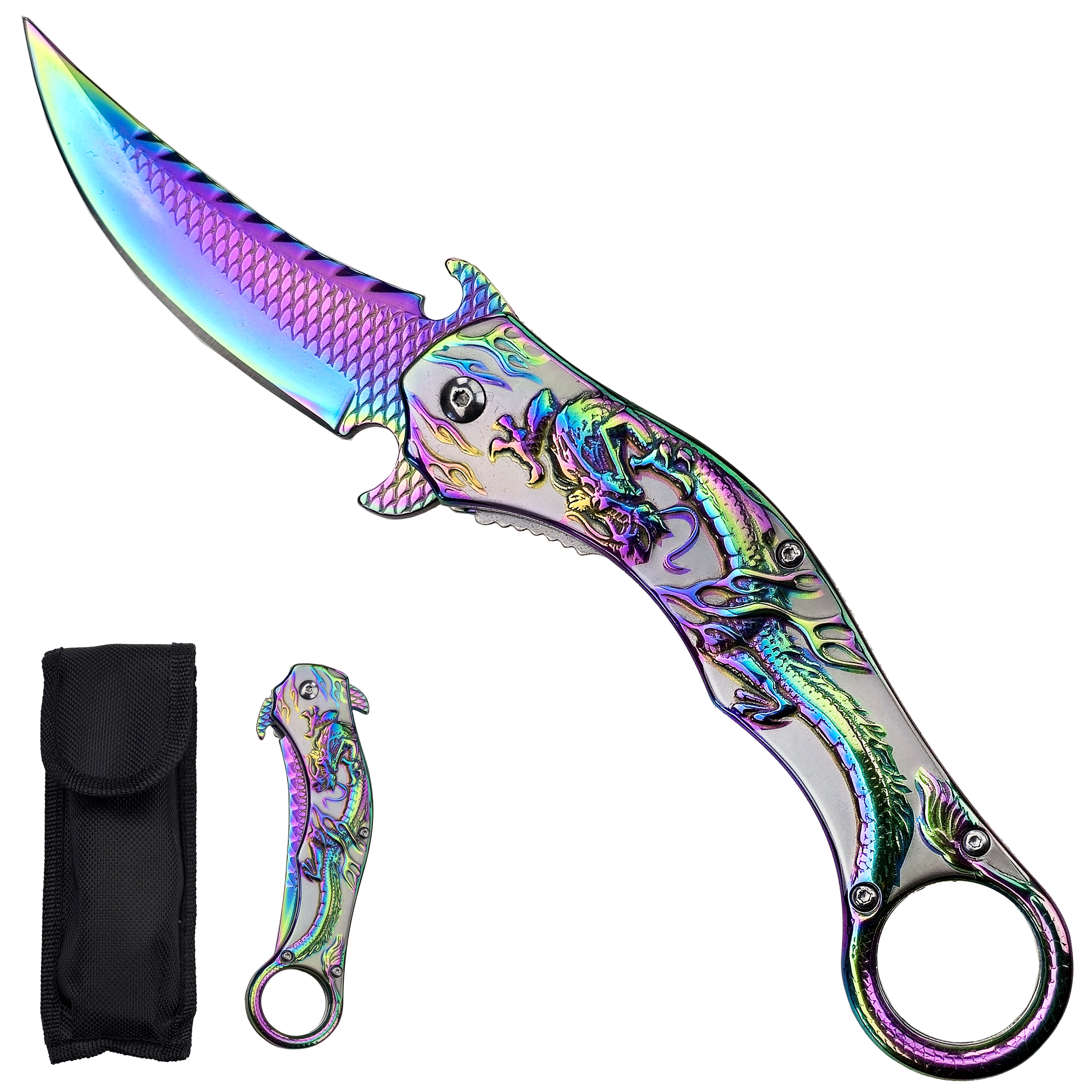 X Zavírací karambit "RAINBOW DRAGON" s pouzdrem