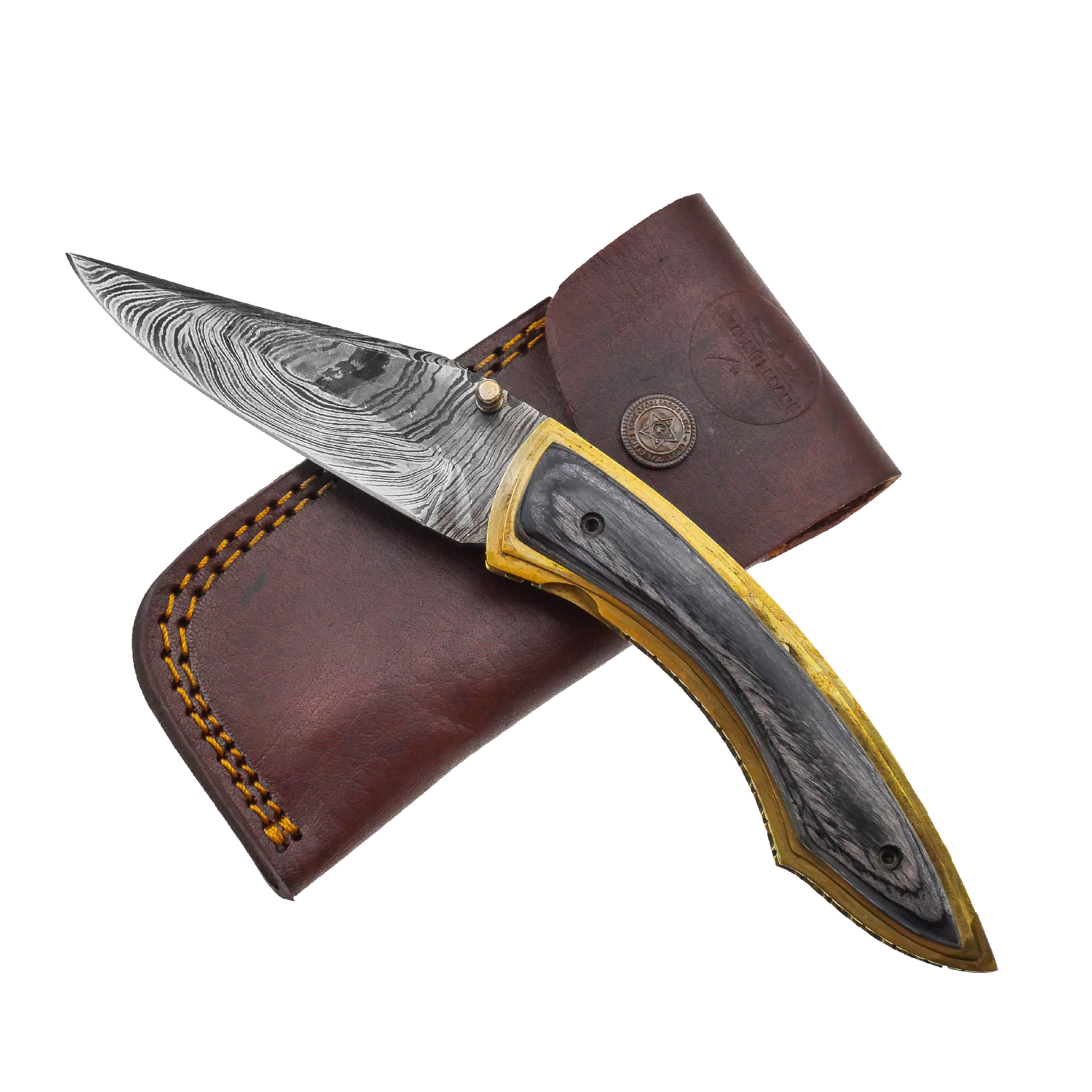 PAK Zavírací damaškový nůž "PAKKAWOOD" s koženým pouzdrem