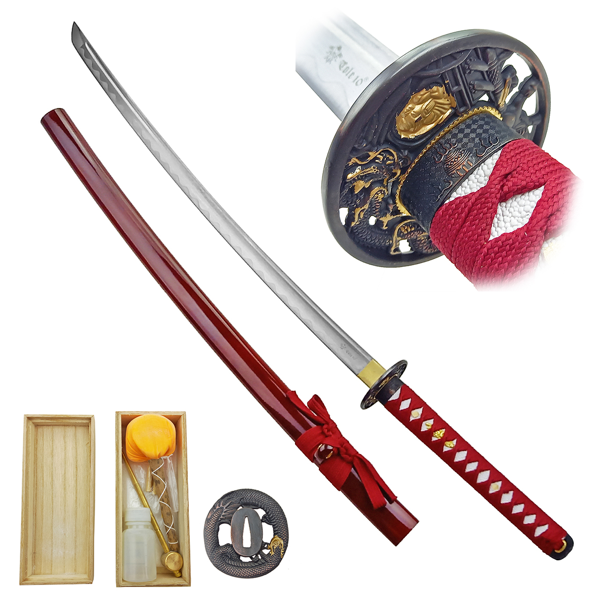 Chladné Zbraně Červená katana "RED WARRIOR" s bohatým příslušenstvím