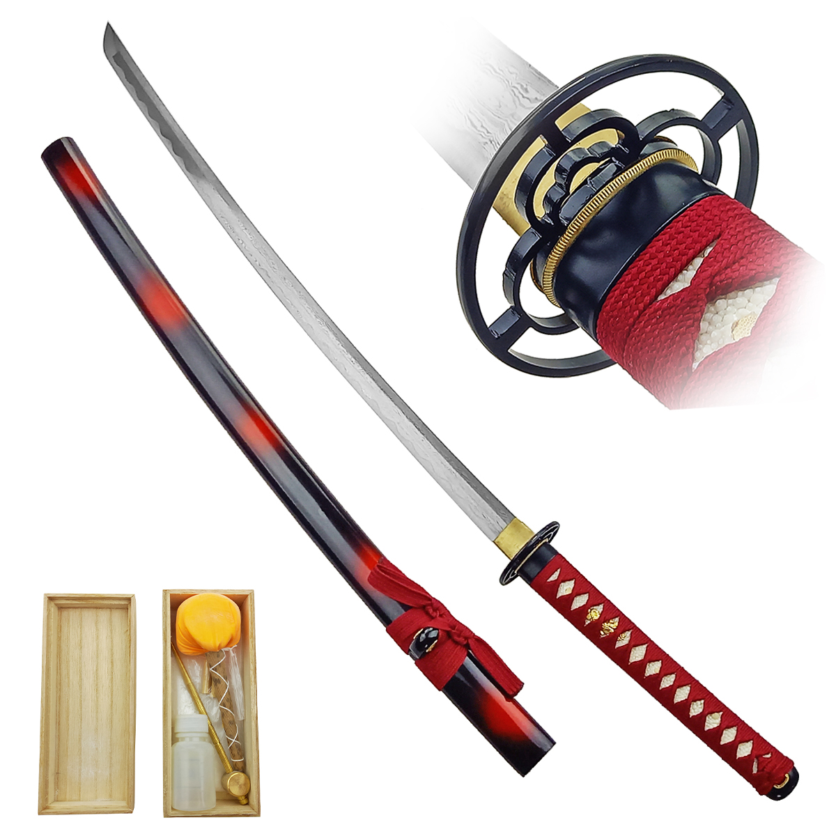 Chladné Zbraně Temně rudá katana "IKEBANA" s bohatým příslušenstvím!