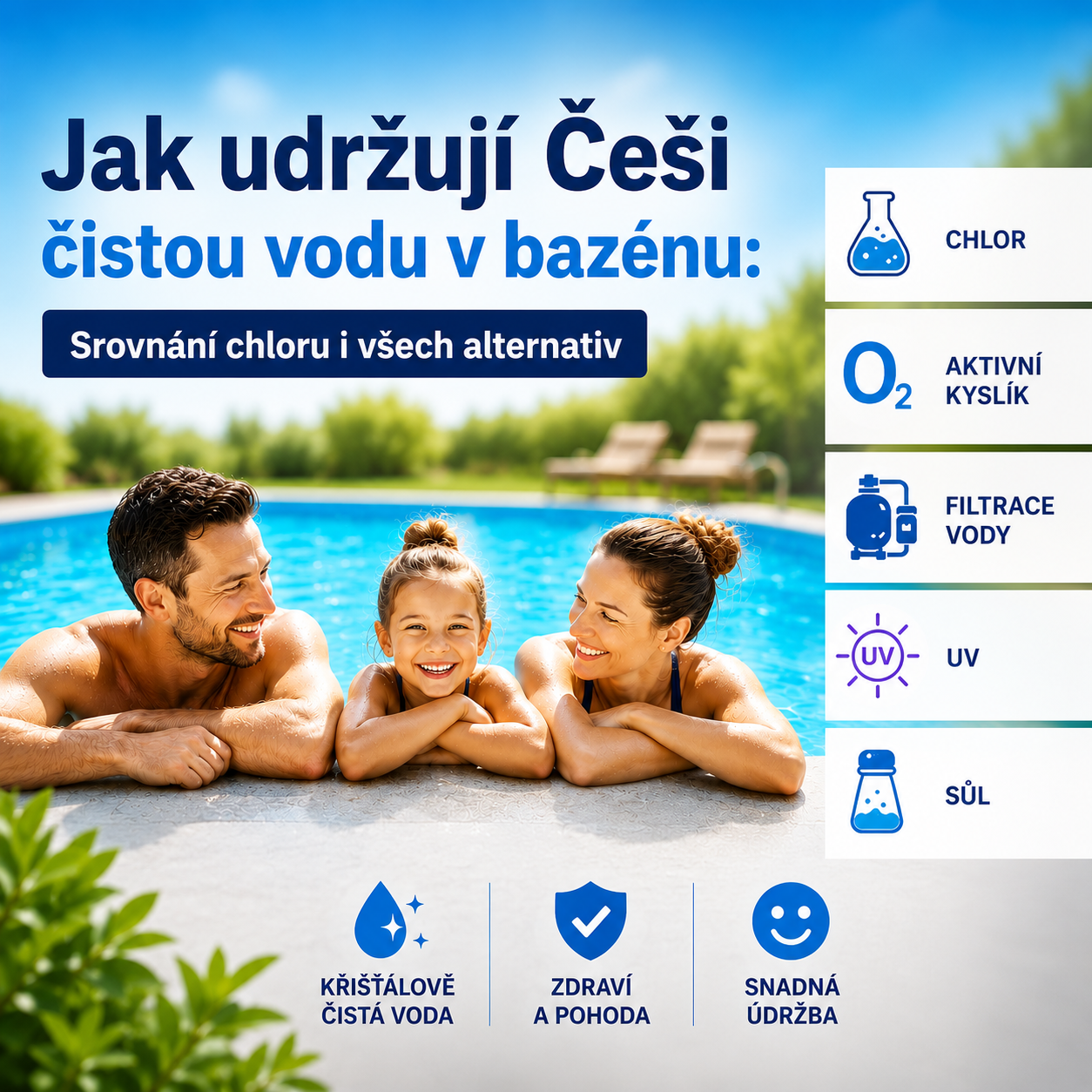 Ako udržať čistú vodu v bazéne: porovnanie chlóru aj všetkých alternatív