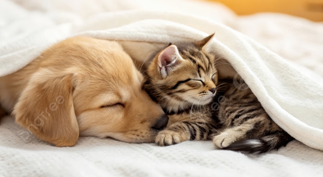 Pes a mačka oddychujú spolu v teple domova