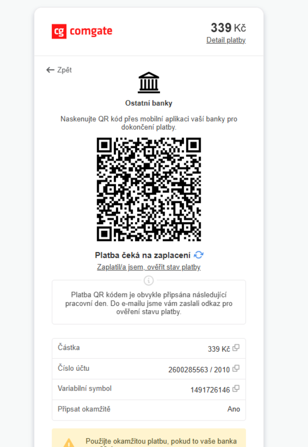 QR kód nebo bankovní převod